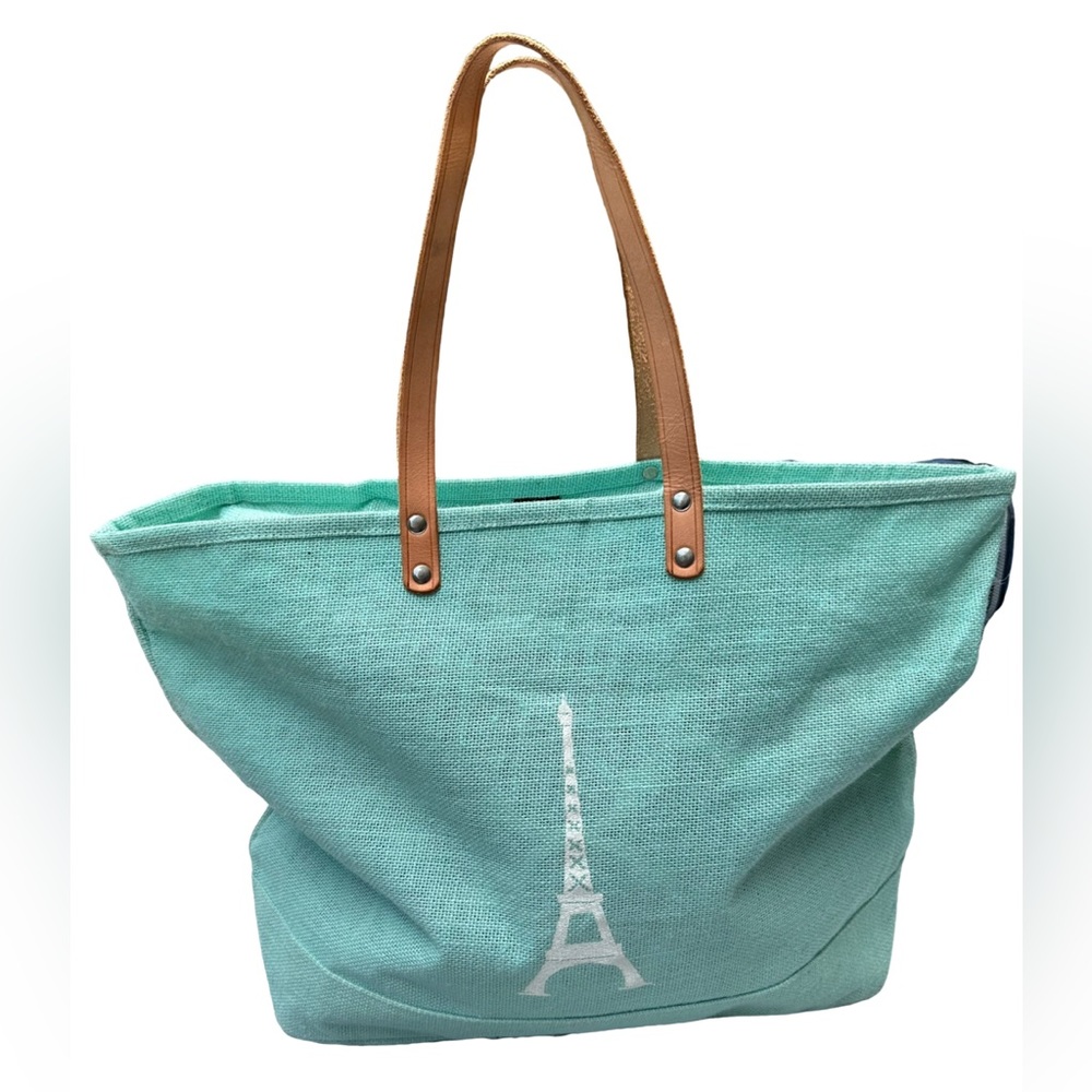 New Ballard Designs Eiffel Tower Embroidered Tote Bag with Leather Handles